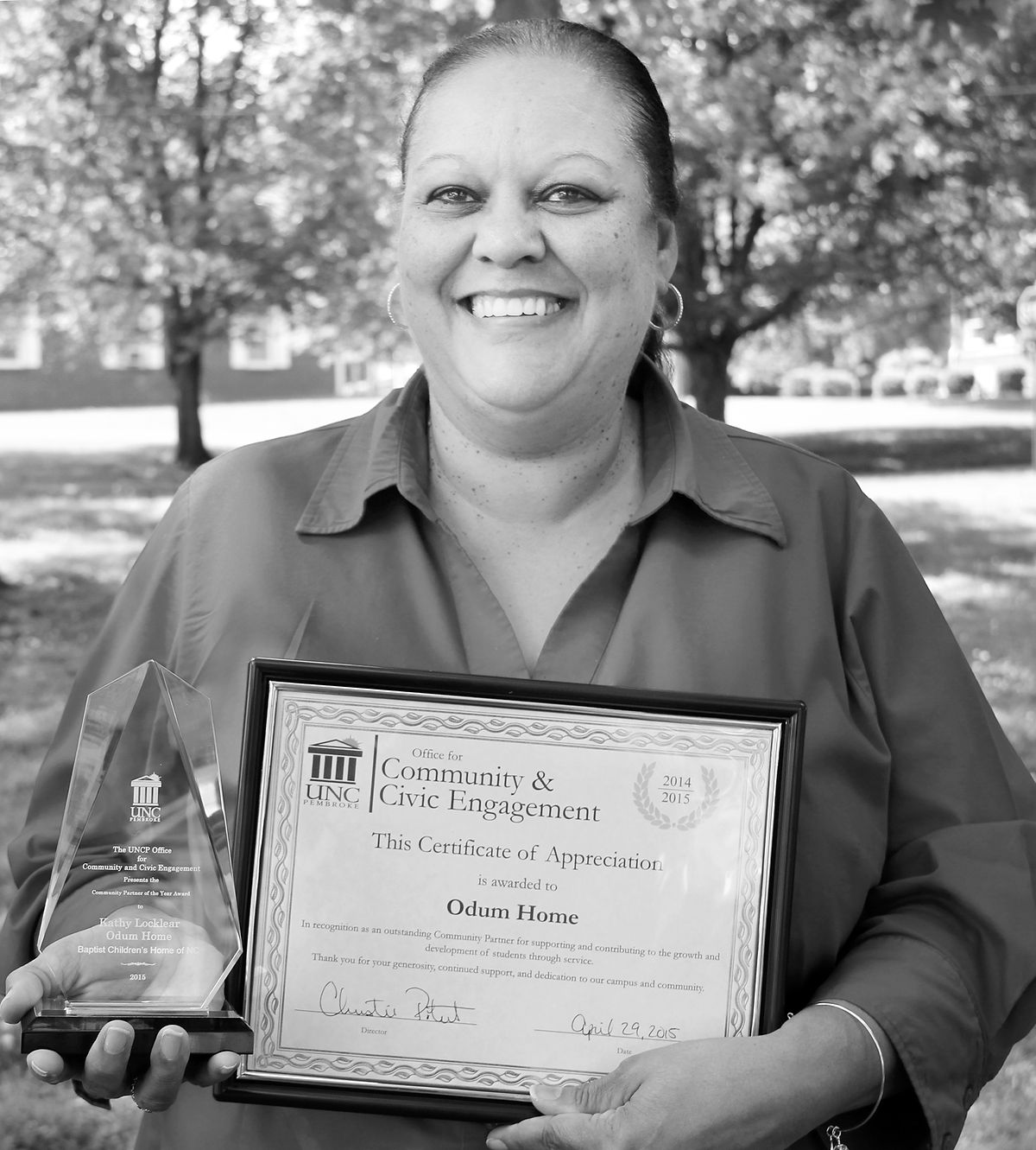 Kathy Locklear, Odum Home’s residential campus manager, accepted the University of North Carolina at Pembroke’s (UNCP) “Community Partner of the Year Award” on behalf of BCH at a recent awards luncheon.
