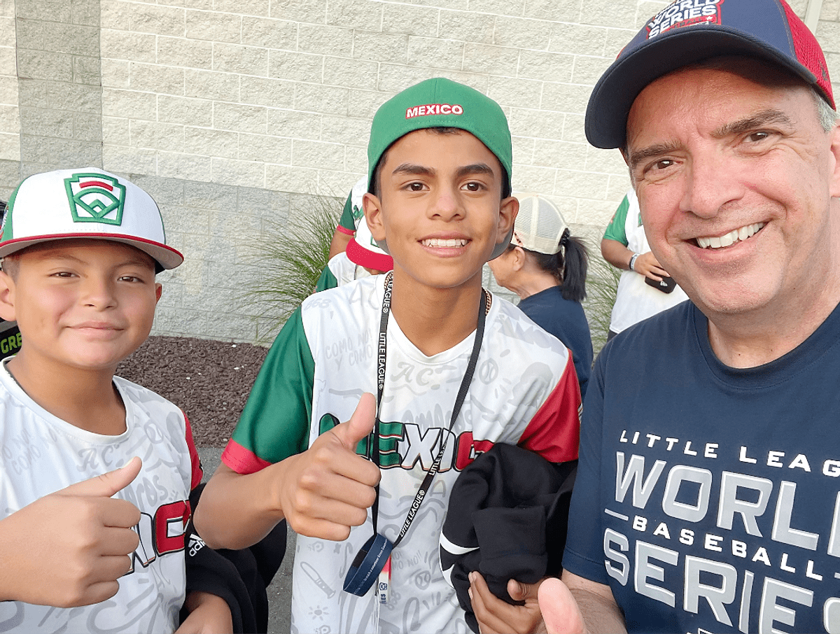 Little League World Series players attend games when they are not playing. Mexico’s catcher #18 Ulises Ortiz and pitcher/short stop #12 Antonio Guerrero take a minute after the Cuba/Czech Republic game on Thursday, Aug. 15 for a selfie with me outside Volunteer Stadium.