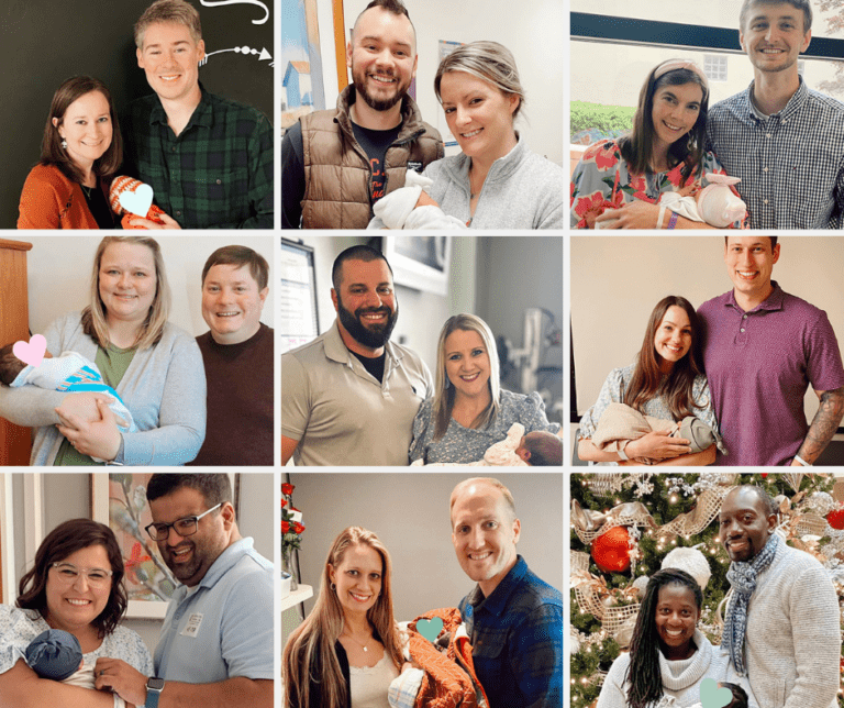 Collage of nine smiling couples each holding a newborn baby, posed indoors and in front of a decorated Christmas tree.