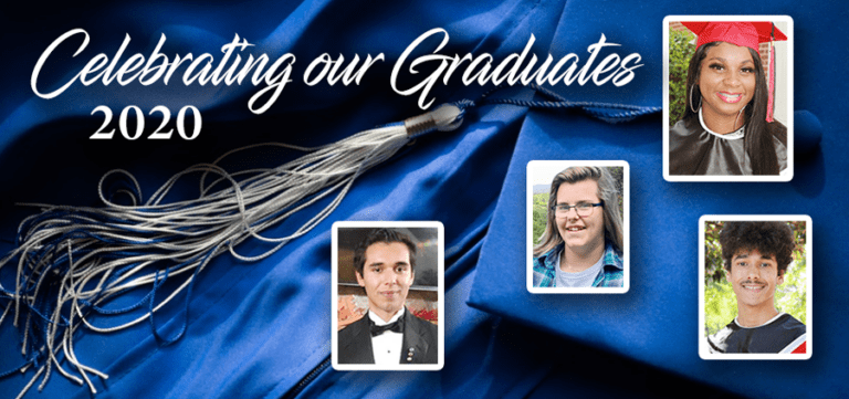 Banner reading "Celebrating our Graduates 2020" with four graduate portraits over a blue cap and silver tassel