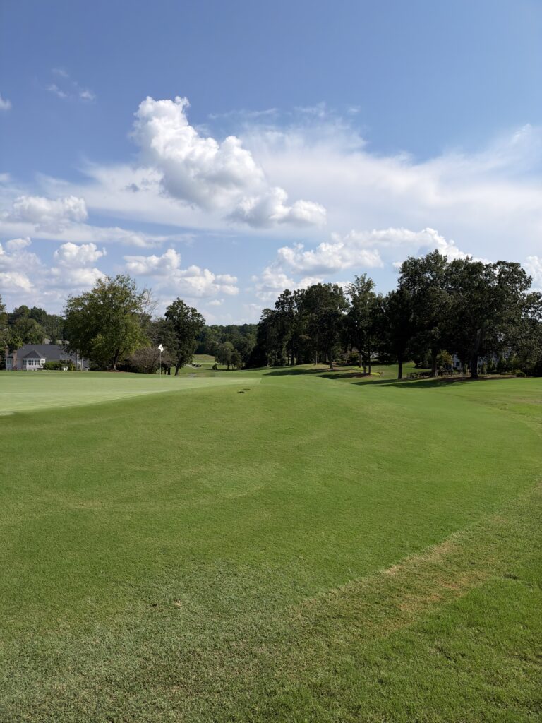 Golf course fairway leading to a green with a white flag under a blue sky, part of the BCH Golf Classic at Sedgefield Country Club.