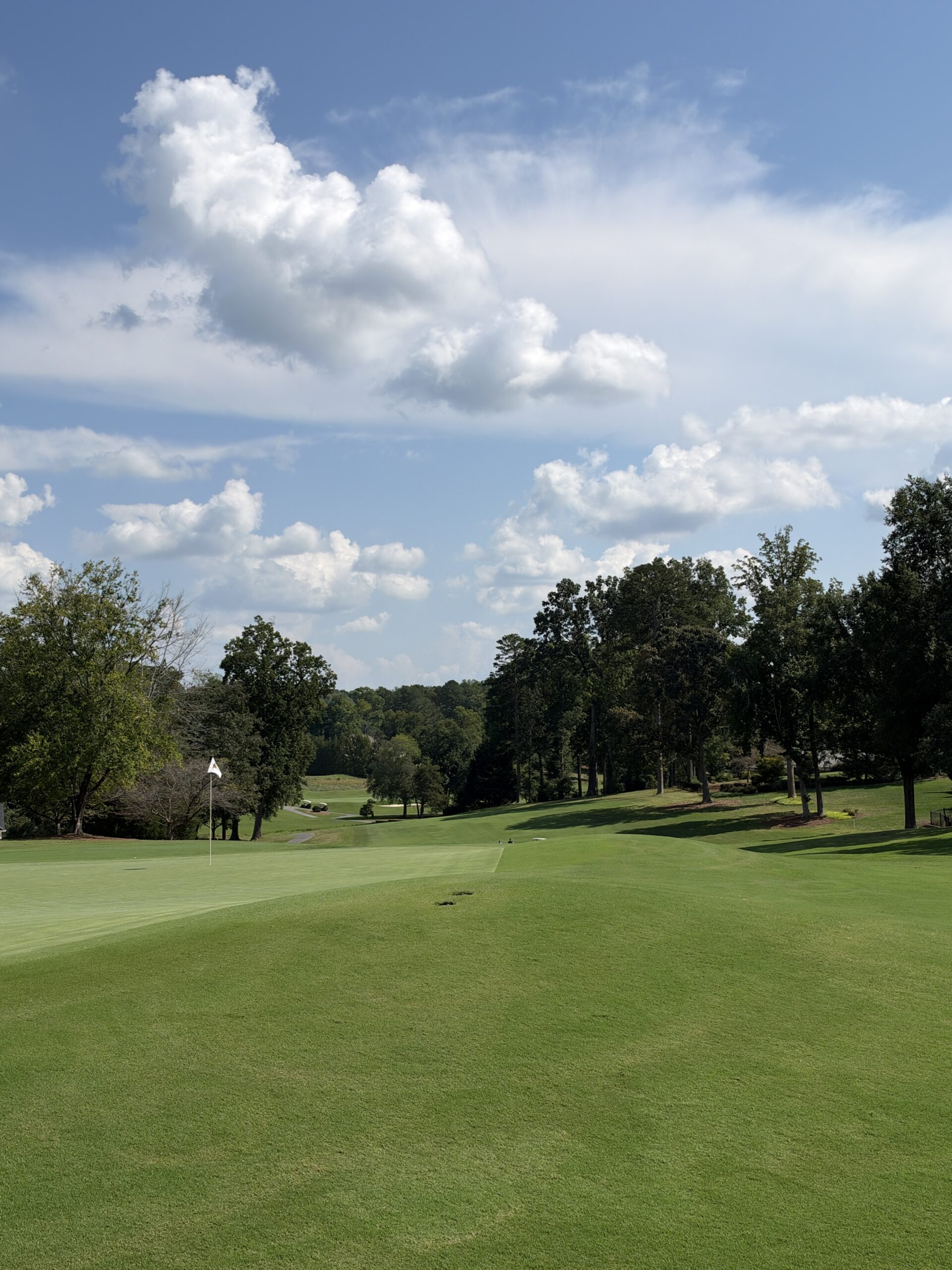 Green fairway leading to a flagged putting green at Sedgefield Country Club, site of the BCH Golf Classic, under a partly cloudy sky.