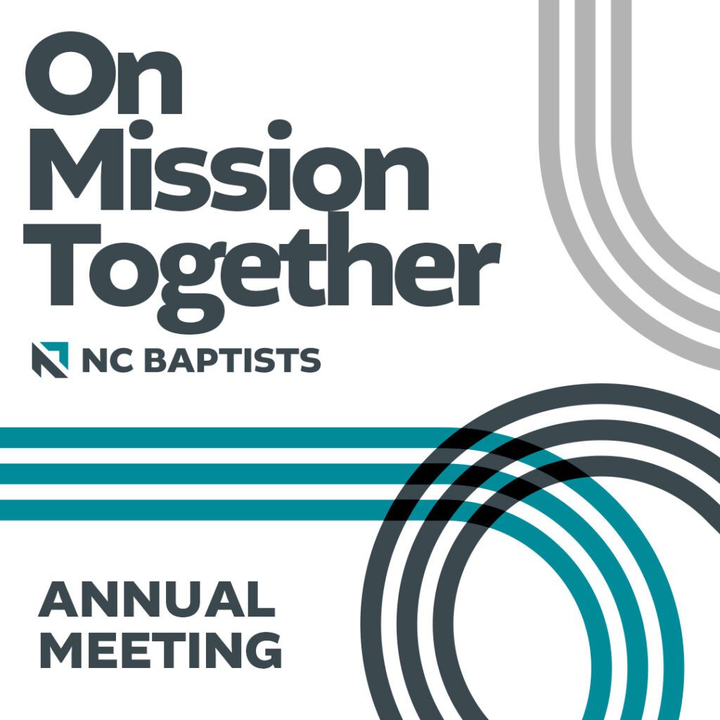 NC Baptists "On Mission Together" Annual Meeting graphic with teal, gray and charcoal curved lines